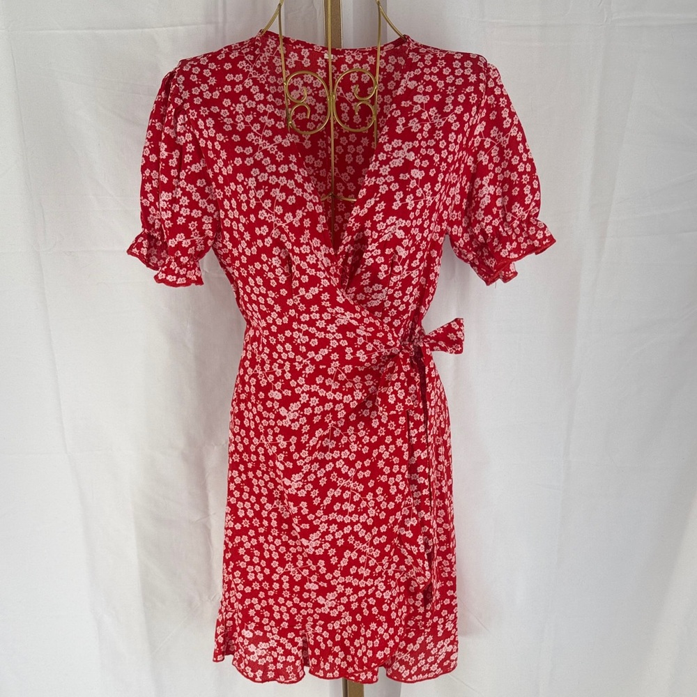 Red Floral Crepe Wrap Dress with Ruffle Sleeves - Small - Picture 1 of 15